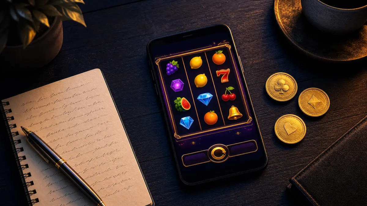 Flat-lay ponsel dengan permainan slot, buku catatan, dan koin emas